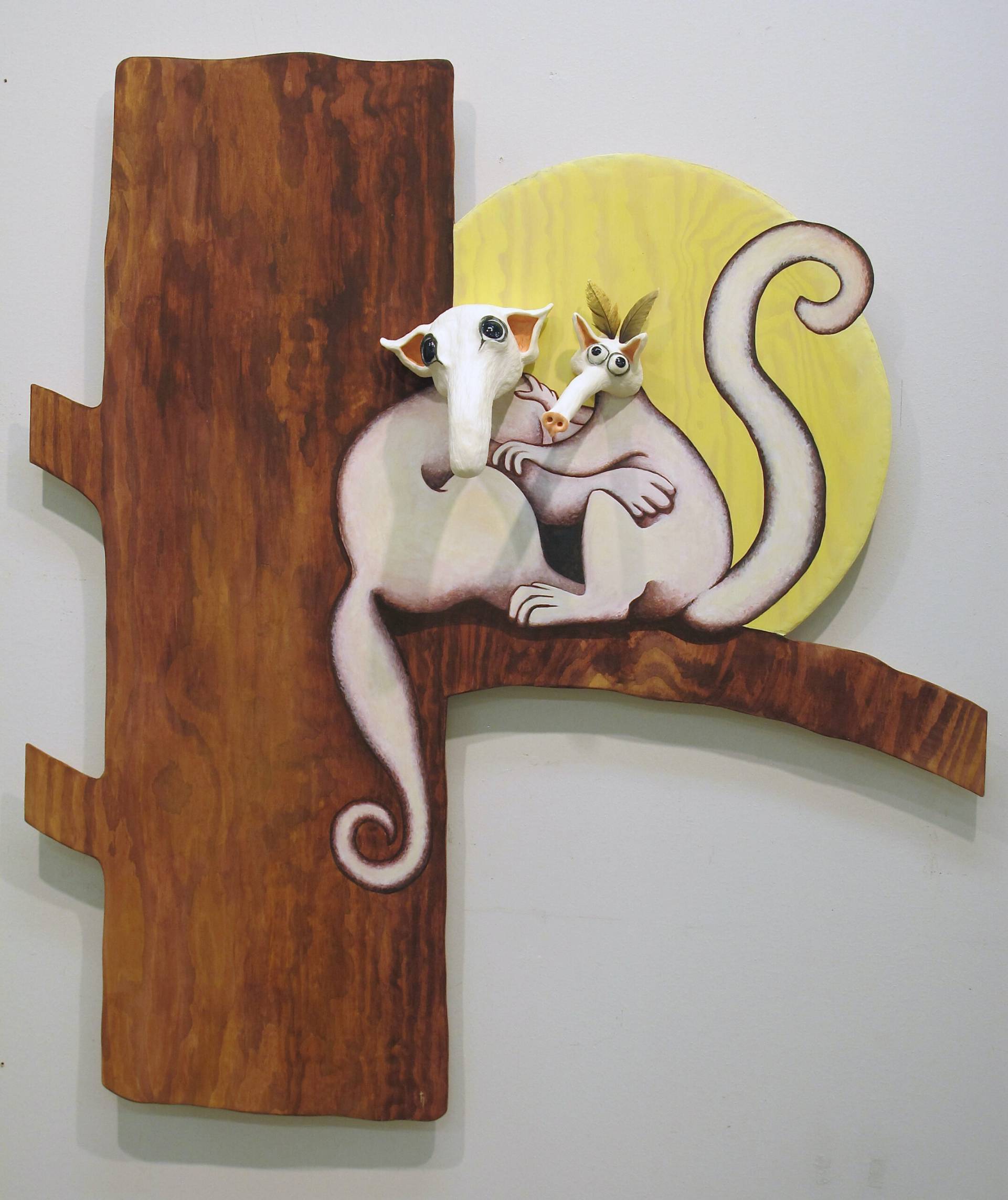 Konstverket Vi sitter också på grenen ni sågar av, porslin och akryl på figursågad plywood