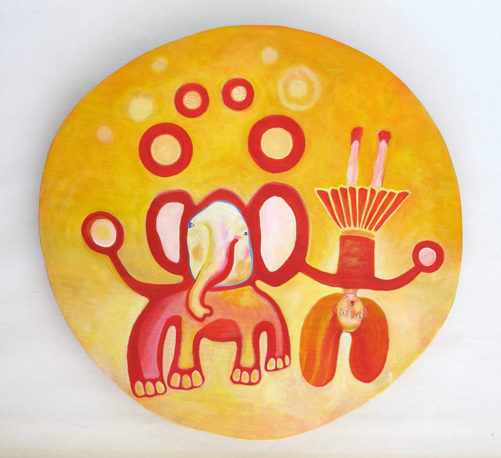 Tavla i akryl på figursågad plywood med titel Jonglör från separatutställningen Särlingar på RiverCity Gallery i Göteborg 2023.