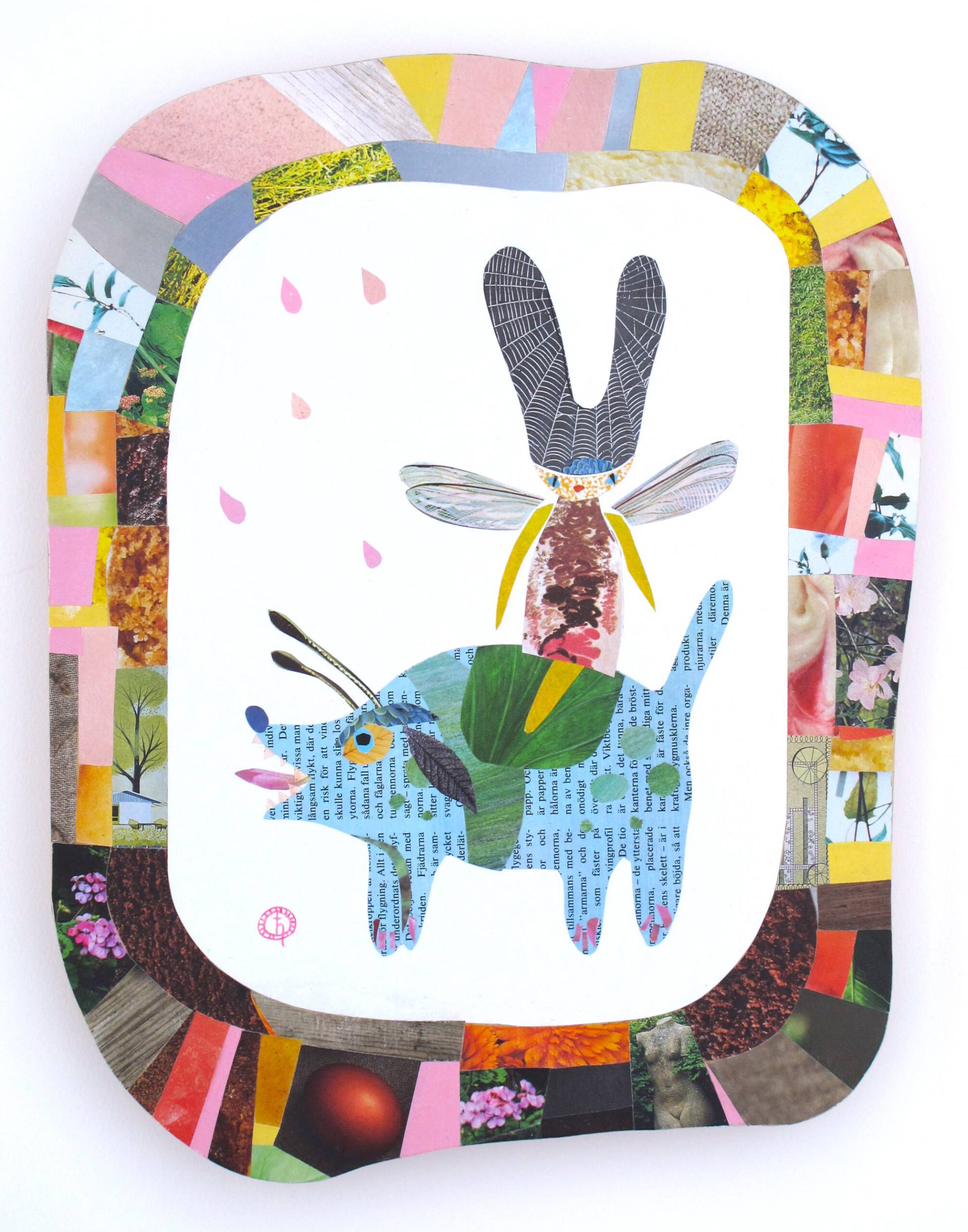 Collage i papper med titel Spiderwoman. Del av separatutställningen Särlingar på RiverCity Gallery 2023.