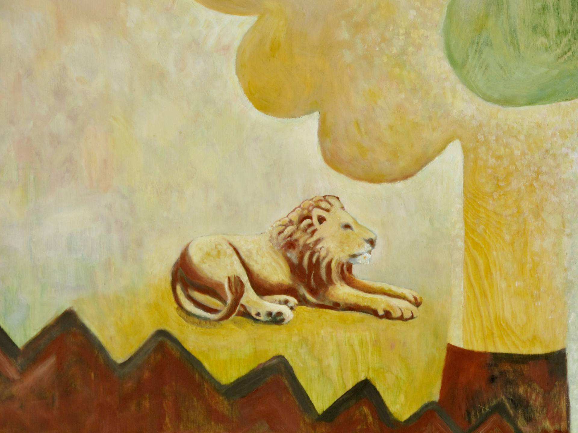 Detalj. Lejon på linoljemålningen Då när allt andades i takt som var med på separatutställningen Särlingar på RiverCity Gallery 2023.